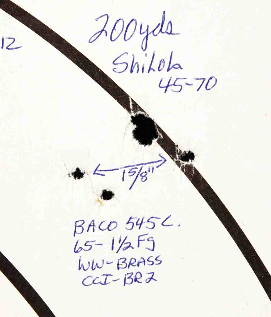 With black powder and cast bullets, Mike’s best 45-70 handloads were capable of this sort of precision from his Shiloh Model 1874 rifle.